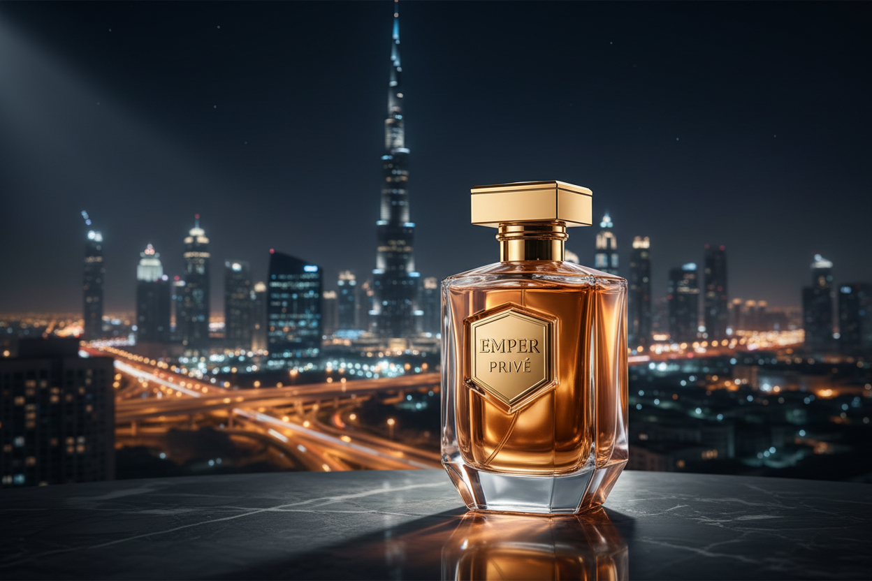 Give me a picture of an Emper cologne with a night back ground of Dubai